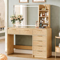 47“Makeup Vanity Desk with Mirror and Lights, Vanity Desk with 7 Drawers & Storage Shelves, Vanity Table with Power Outlet, 3 Color Modes & Adjustable Brightness Dressing Table, Bedroom,Wood