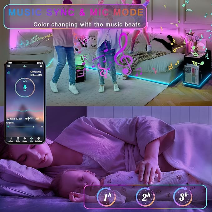 Meiyue LED Strip Light Motion Sensor Under Bed Lights 9.84FT RGB,Remote/APP Control,Dimmable,Music Sync,Auto-Off Timer,Motion Activated Led TV Night Light for Bed Stair Cabinet Party Computer Desk