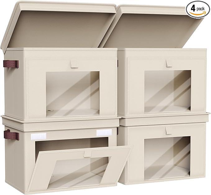 Univivi Storage Bins with Lids, Large Closet Organizers and Storage with Handles & Window, Foldable Fabric Storage Cubes with Lids for Home, Closet, Bedroom, 4 Pack, (Beige, 16.5“ x 12” x 12")