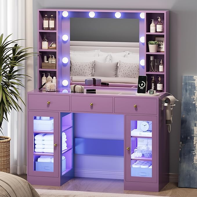 Makeup Vanity Desk with Mirror and Lights, Glass Top Vanity Table Set with Drawers & Power Outlet, Large Dressing Table with 3 Color Lighting Modes & RGB Cabinets for Women Girls Kids Bedroom, Purple