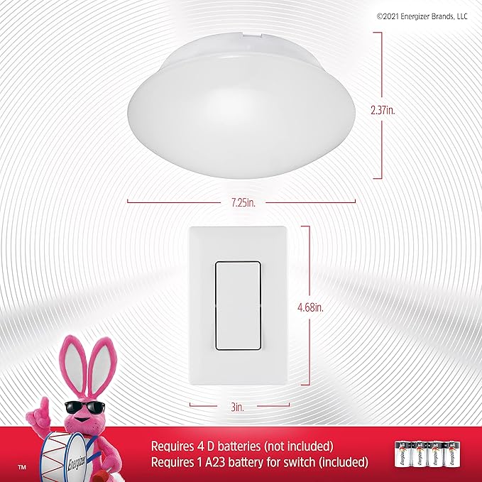 Energizer LED Ceiling Light Fixture, Battery Operated, Wireless Wall Switch Remote, 300 Lumens, Ceiling Light No Electricity, Perfect for Closets, Laundry Room, Garage, Shed and More, 58823-T1