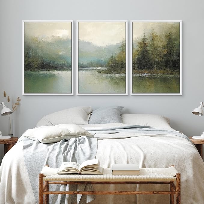 wall26 Framed Canvas Print Wall Art Set Emerald Green Pastel Pine Tree Forest Nature Wilderness Illustrations Modern Art Decorative Rustic Relax/Calm Colorful for Bedroom - 16"x24"x3 White