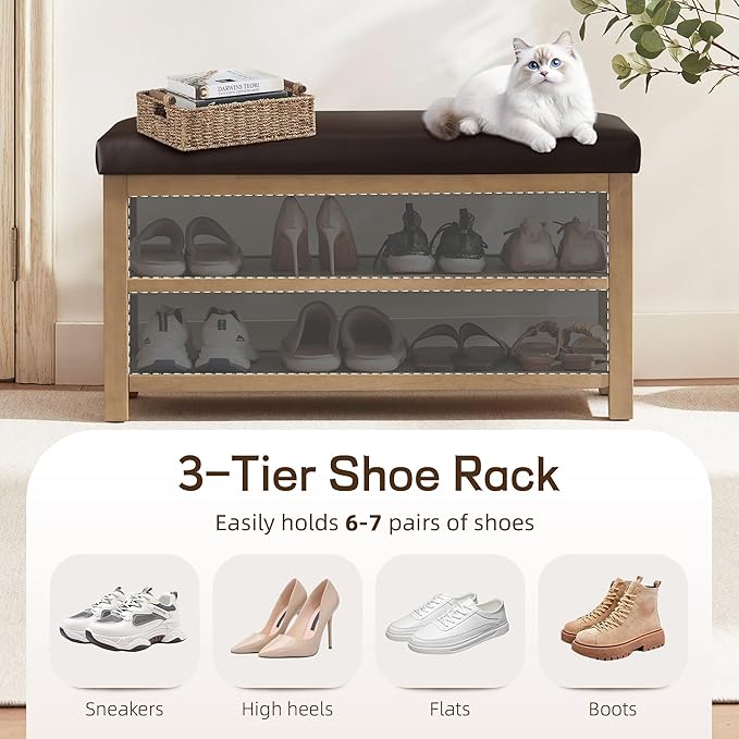 Shoe Rack Bench with Leather Cushion, 2 Tier Solid Wood Storage Bench, Mid-Century Modern Shoe Bench for Entryway, Hallway, Closet, Front Door Entrance, Foyer (Dark Brown, 31.5)