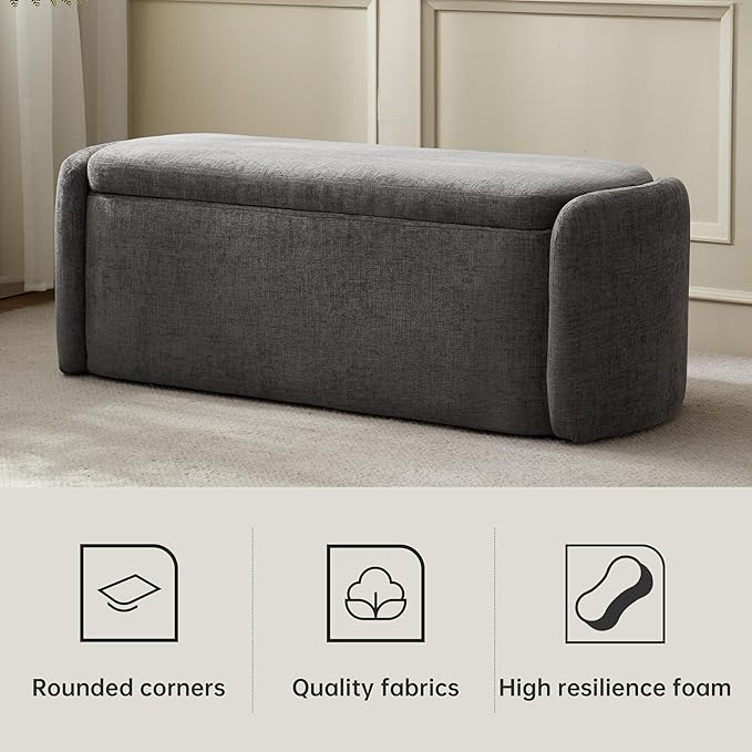 VKNOW 46" Oval Storage Ottoman Bench, Upholstered End of Bed Bench Ottomans Bench Foot Rest, Sherpa Storage Bench for Bedroom, Living Room and Hallway, Dark Grey