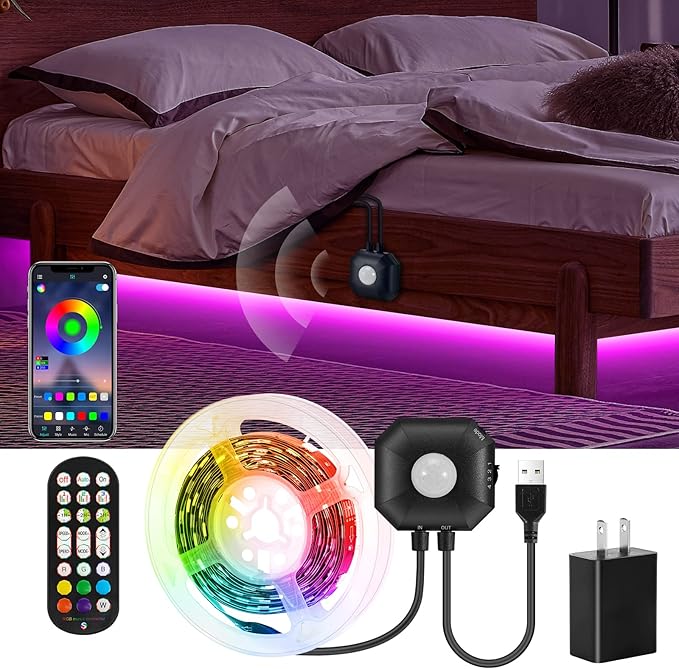 Motion Activated Under Bed Lights,9.8ft Motion Sensor LED Light Strip with Remote Control,5050 RGB LED Night Lights with Automatic Shut Off Timer for Indoor,Bed,Wardrobe, Cabinet,Corridor,Stair Decor