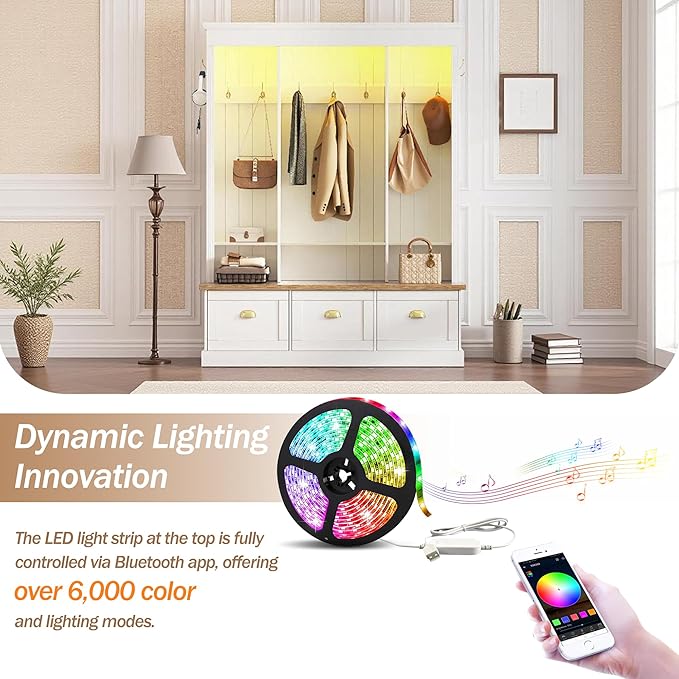 LUMISOL Hall Tree with Storage Bench and Shoe Storage, Coat Rack with Shelves and 9 Hooks, LED Light Entryway Bench with 3 Large Cabinets, for Entrance Mudroom Living Room, White