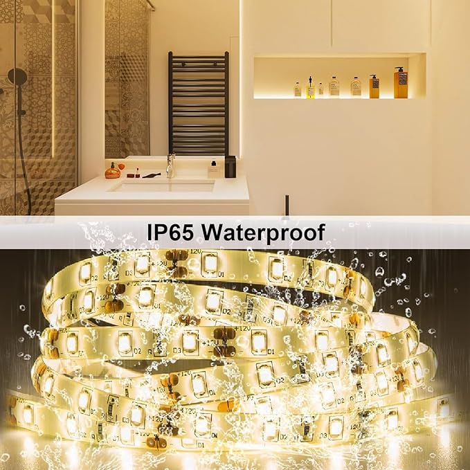 Water-Resistance IP65, 12V Waterproof Flexible LED Strip Light, 16.4ft/5m Cuttable LED Light Strips, 300 Units 3528 LEDs Lighting String, LED Tape(Warm White), Power Adapter not Included