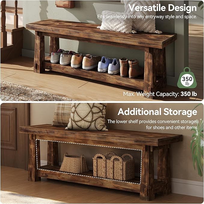55" Solid Wood Entryway Bench with Shoe Storage, Rustic Charred Wood Grain Foyer Bench with Open Shelf for Hallway, Mudroom, Bedroom, Easy Assembly