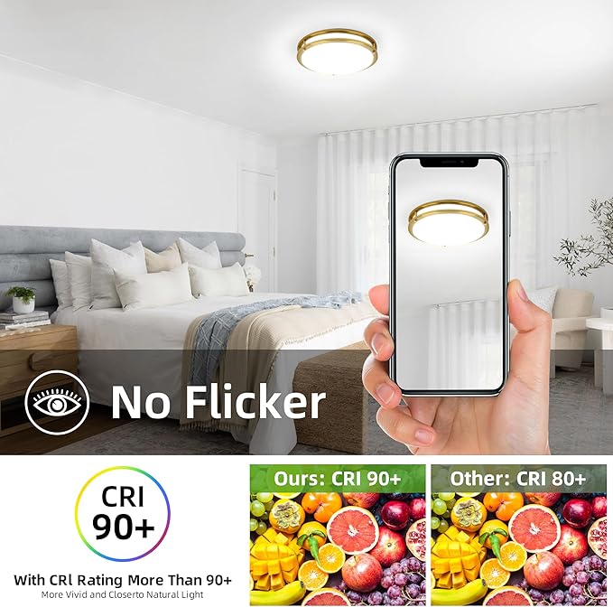 Hlite 36W 13inch LED Flush Mount Ceiling Light Fixture,3600LM 5000K Super Bright Natural Daylight,Low Profile LED Ceiling Light Flush Mount for Bedroom,Kitchen,Bathroom,Hallway(Gold 1Pack)