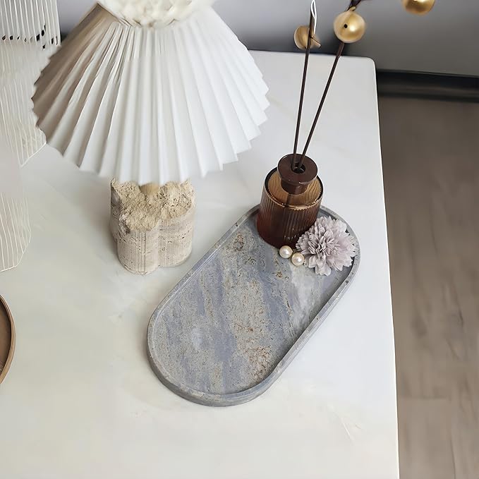 Marble Vanity Tray Organizer - 9.8"x5" Italy Natural Stone Decorative Tray，Jewelry, Perfume & Candle Display Tray，Bathroom Vanity, Dresser Top, Nightstand Decor