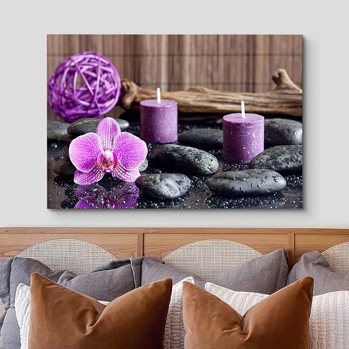 wall26 Canvas Print Wall Art Zen Stones with Purple Orchid and Calming Candles Nature Floral Photography Realism Rustic Colorful Multicolor Ultra for Living Room, Bedroom, Office - 16"x24"