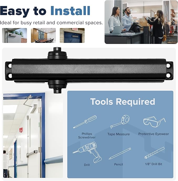 Commercial Door Closer – Black Heavy Duty Grade 1 Automatic Door Closer for Commercial Use - Auto Hydraulic Spring Hinge - FS-8400 UL Listed, ADA Adjustable Spring Closure Arm No Slam Self Closing