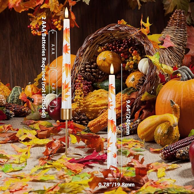 Fall Flameless Taper Candles, 9.6" Maple Leaf Battery Operated Candles with Remote, Real Wax Autumn Led Candle, Flickering Candlesticks for Fall, Thanksgiving, Harvest, Halloween Decor, 3 Pack