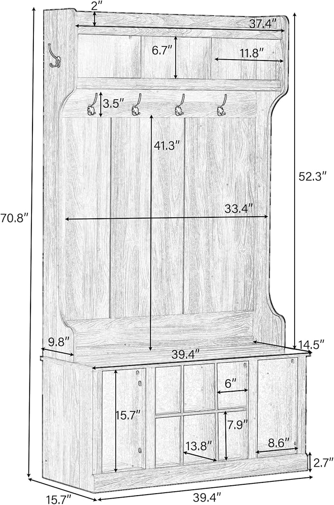 Retro 3-in-1 39.4INCH Hall Tree with 6 Hooks and Coat Hanger,Storage Bench and Open Shelves,for Livingroom Hallway Entryway Mudroom Use (Tiger@Hooks/)