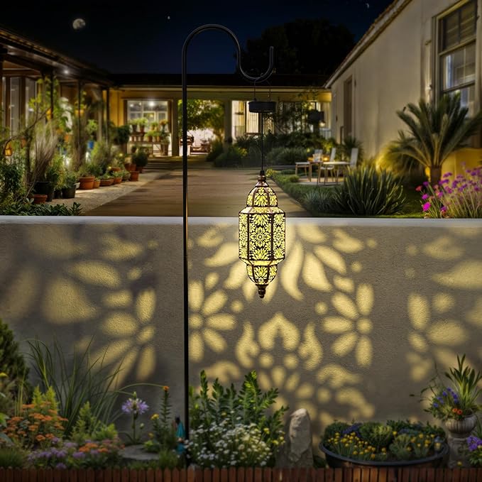 Twinkya 2 Pack Hanging Solar Lights Outdoor Garden Decorative Solar Lantern Waterproof Metal Moroccan Outdoor Decorations for Patio Pathway Yard Porch Backyard Garden Decor (Gold, 2 Pack)