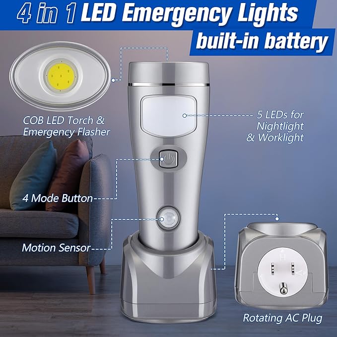 Enhon 6 Pack 4 in 1 LED Emergency Lights for Home Power Failure, Rechargeable Plug in Flashlight Motion Sensor Night Light, Automatic Turn On Power Outage Light for Home Hurricane Supplies (Silver)