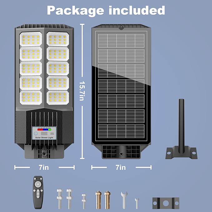 loyoele Solar Street Light with Pole Mount, Dusk-to-Dawn Outdoor LED, 300000 LM, 7000K IP67 Waterproof, Adjustable Modes, for Yard, Parking Lot, Street, Pathway