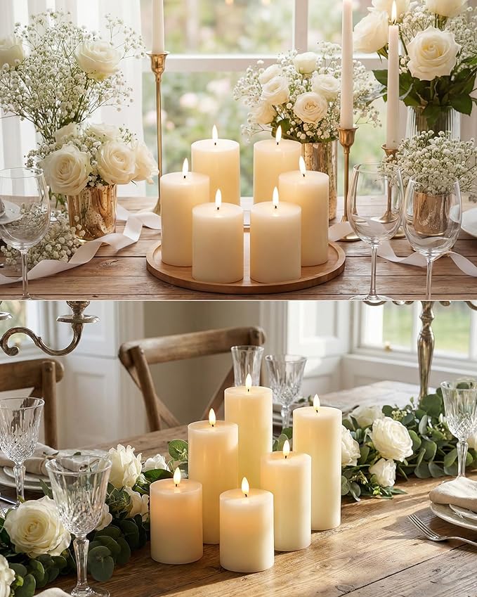 Leelosp 6 Pack Flameless Candles with Remote Timer, Battery Operated Flickering Flameless Candles Bulk Flat Top Pillar LED for Wedding Festival Outdoor Home Decor D 3'' H 4'' 5'' 6'' (Ivory White)