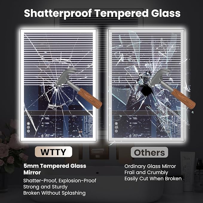 WTTY 28"X36" LED Bathroom Mirror with Black Frame, Bathroom Vanity Mirror with Lights for Wall, Front Light and Backlit, Anti-Fog, Dimmable, 3 Colors, Shatterproof, Memory, Horizontal/Vertical