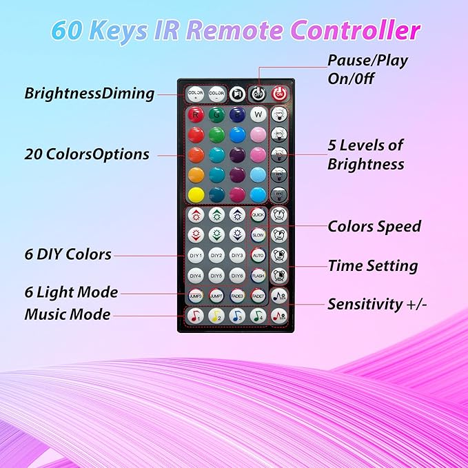 Led Lights for Bedroom 66ft Music Sync Color Changing Led Strip Lights with 60 Key Remote and App Control RGB Led Light Strip for Home Party Room Decoration