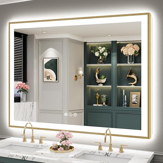 55x40 Gold LED Bathroom Mirror with Lights, Brushed Gold Framed Backlit and Front Lit Anti-Fog Lighted Vanity Mirrors for Bathroom Wall, Dimmable, 3 Colors, Memory, HD Tempered Glass, CRI＞90