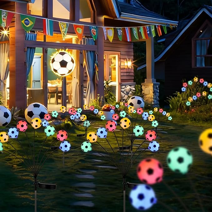 Solar Football Garden Lights – Swaying LED Solar Lights Outdoor for World Cup Decor, Outdoor Waterproof Patio & Yard Lights with Flexible Wire & Heavy Base, Multi-Colored (2 Pack)