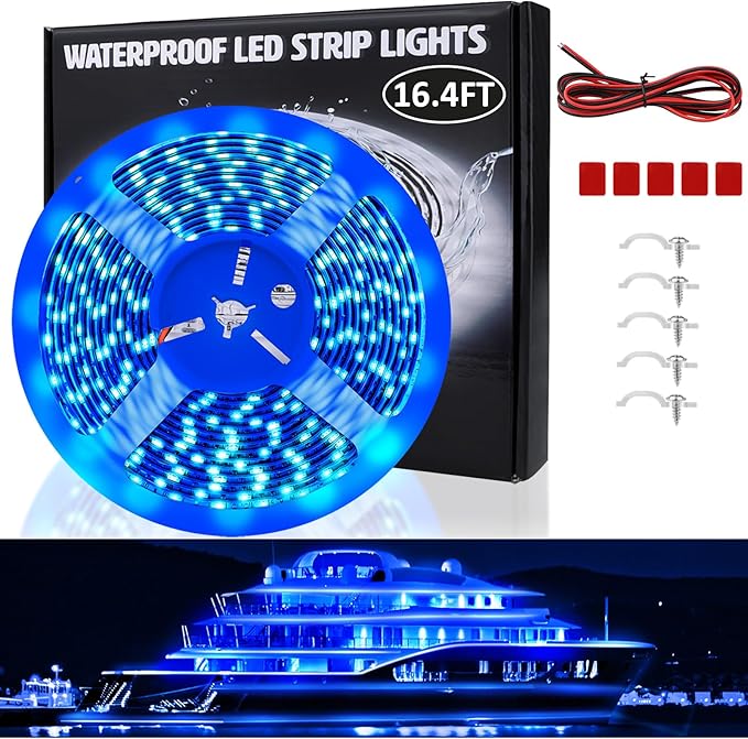 LED Boat Lights - 16.4ft Strip Lights, Waterproof Interior & Exterior, Pontoon, Bass Boat, Kayak, Cabin, Deck, Navigation Lights (Blue)