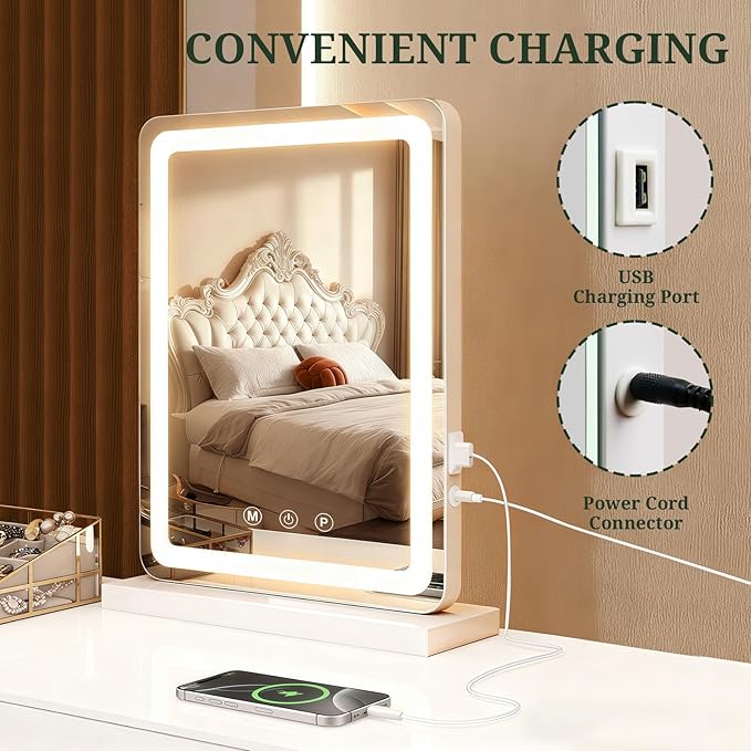Vanity Mirror with Lights, LED Makeup Mirror with 3-Color Dimmable Lighting, Smart Touch Control, Memory Function, Tabletop Lighted Mirror for Bedroom, Dressing Room