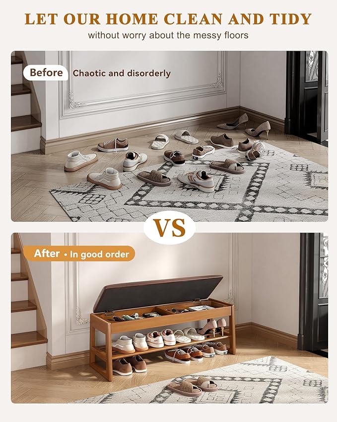 Shoe Rack Bench with Hidden Storage, 2-Tier Solid Rubberwood Entryway Bench with Soft Leather Cushioned Seat & Flip-Top Storage, 330lbs Capacity, Wooden Shoe Organizer for Hallway, Closet, Foyer