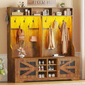 Itaar Hall Tree with Bench and Shoe Storage, 5-in-1 Entryway Bench with Coat Rack, 16 Shoe Cubbies & 12 Coat Hooks, Barn Door & Adjustable Shelf (Rustic Brown)