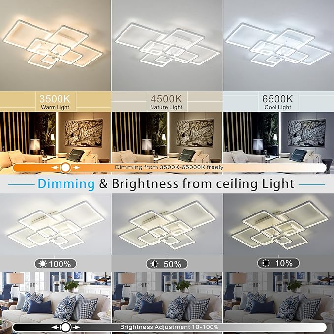 Modern LED Ceiling Light,41.7in White Modern LED Ceiling Light Dimmable for Living Room,8 Square Frame Acrylic with Remote Ceiling Lamps for Kitchen Bedroom Dining Room
