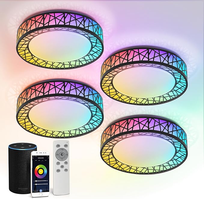 ASD 12 Inch Smart RGBW Flush Mount Ceiling Light with Remote - Matte Black 20W 120V 2700-6500K Dimmable Ceiling Light Fixture, WiFi App Control RGB Lights, Alexa & Google Assistant - ETL, 4 Pack