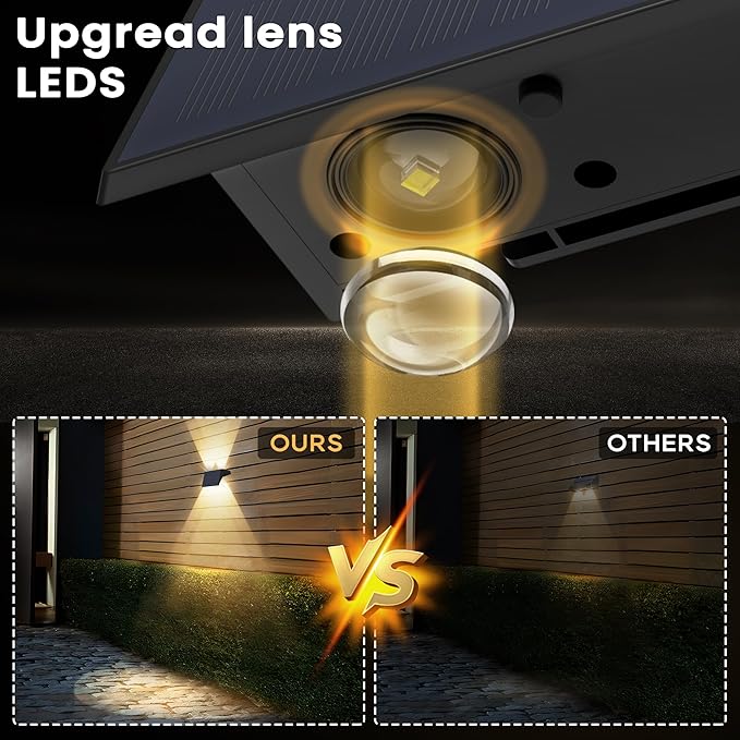 Fence Lights Solar Powered, 2-Pack Solar Fence Lights Up/Down Flexible Buttons, IP67 Waterproof for Outdoor, 100LM Bright, Auto Dusk to Dawn for Wall/Stairs/Yard/Railing/Deck/Pathway (White & RGB)