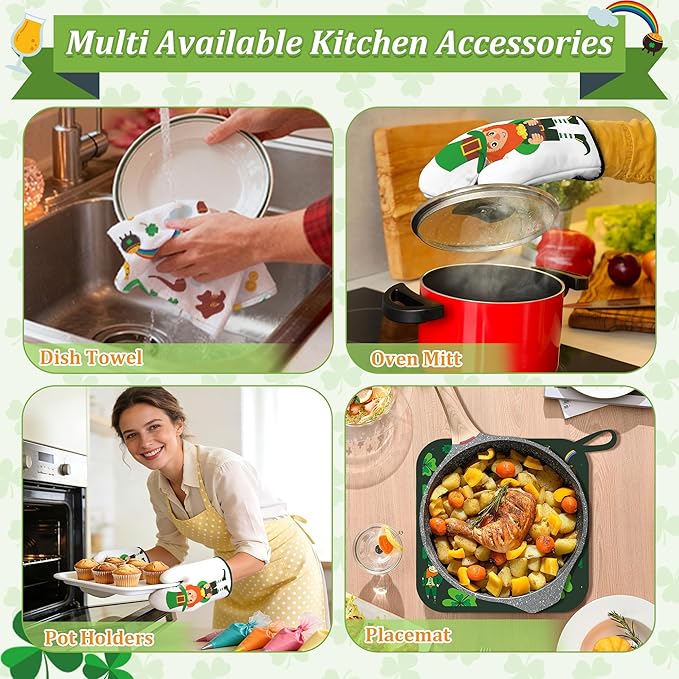 8 PCS St Green Kitchen Decor Sets Irish Leprechaun Shamrock Clover 4 Kitchen Dish Towels 2 Pot Holders 2 Oven Mitt Green Decoration Accessories for Cooking Baking Home Camp Spring