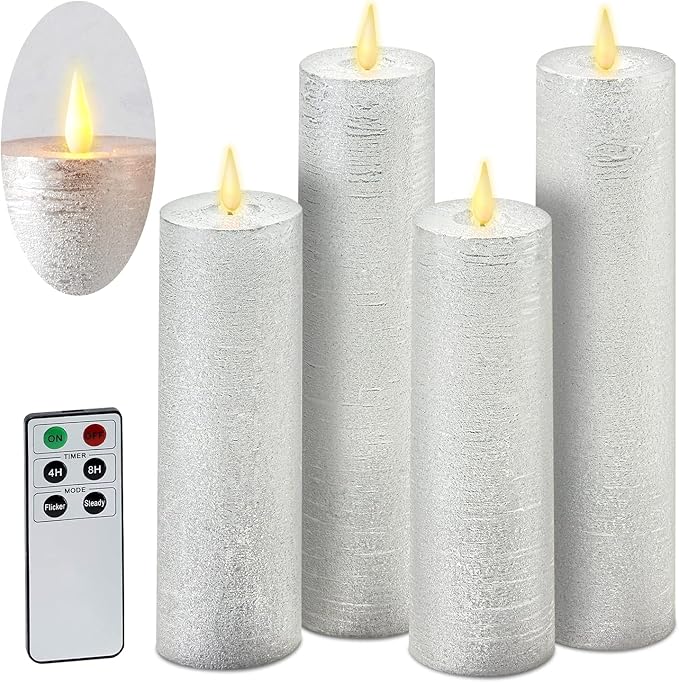 LampLust Flickering Flameless Candles, Set of 4 Silver Pillar Candles, Battery Operated, Romantic Candles, Great for Proposal Decorations, Wedding Centerpieces, Enchanted Forest Decorations
