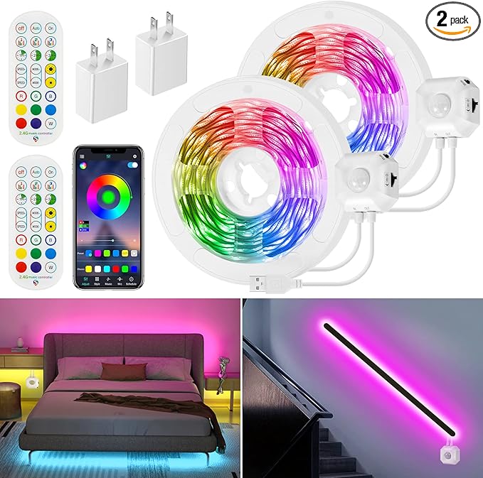 HOUHUI Motion Sensor LED Light Strip, 2x9.8Ft RGB LED Strip Lights Motion Activated Under Bed Lights, App Control Music Sync Strip Lights with Remote, USB Under Cabinet Lights for Kitchen Closet Stair