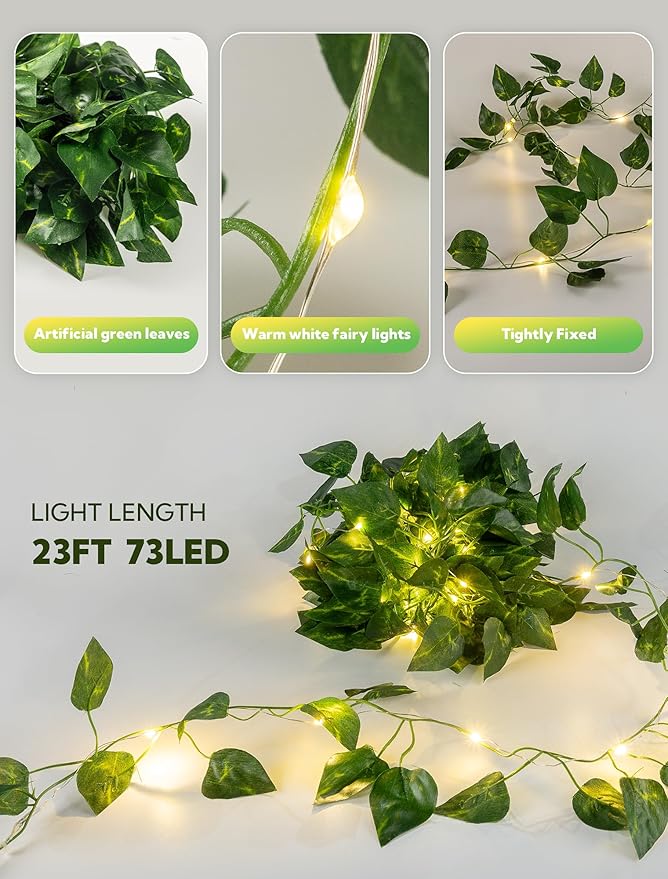 woohaha Solar Vine with Fairy Lights,23ft 73LED Ivy String Light for Christmas Decorations,Leaf Light for Bedroom, Room, Wall, Garden, Party, Wedding Decor (Warm White)