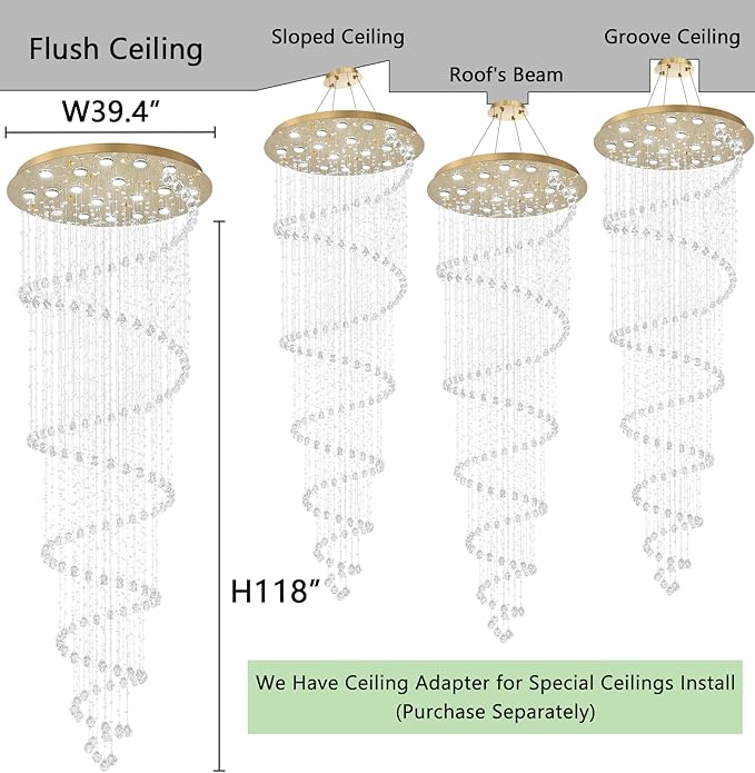 W40 x H118in Gold Chandelier with LED Bulbs Glam Crystal Light Hight Ceiling Lighting Fixtures for Living Staircase Foyer Entryway