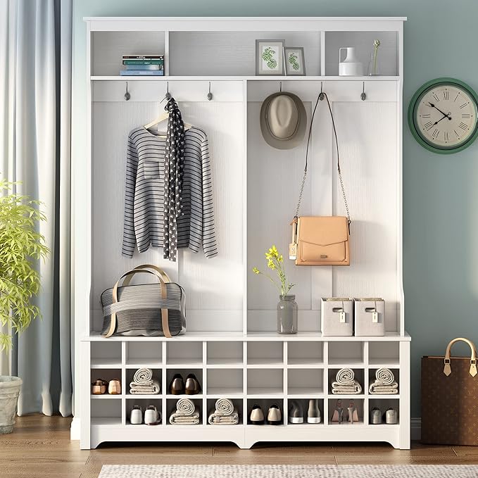 RUNNA Stylish Versatile 60" Wide Coat Rack with Metal Black Hooks and 24 Shoe Cubbies,Hall Tree with 3 Top Shelves and Bench,for Hallway Entryway Mudroom Use (White@e)