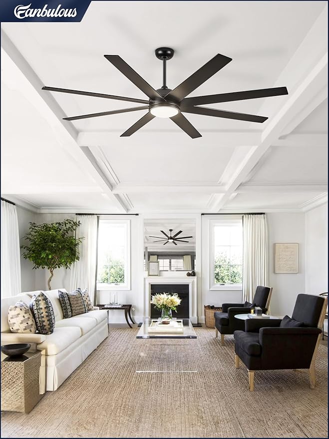 Fanbulous 65 Inch Ceiling Fans with Lights and Remote, Black Indoor/Outdoor Ceiling Fan with Quiet Reversible DC Motor, 6 Speeds, 3CCT, 8 Blades Large Ceiling Fan for Living Room Bedroom Patio