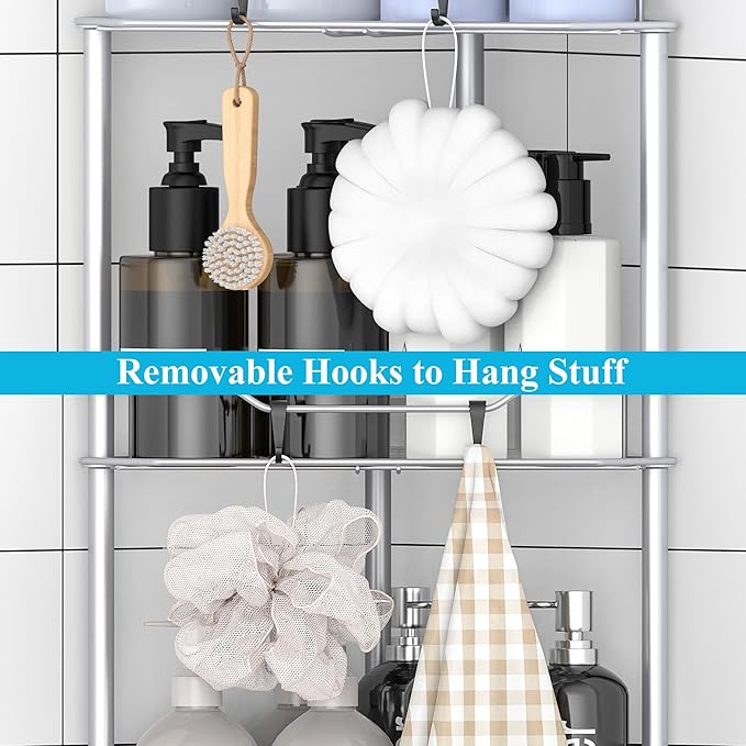 HuggieGems 2 Tier Floor Standing Corner Shower Caddy Organizer Shelf with Hooks, Bathroom Shelves Stand Rack, Silver