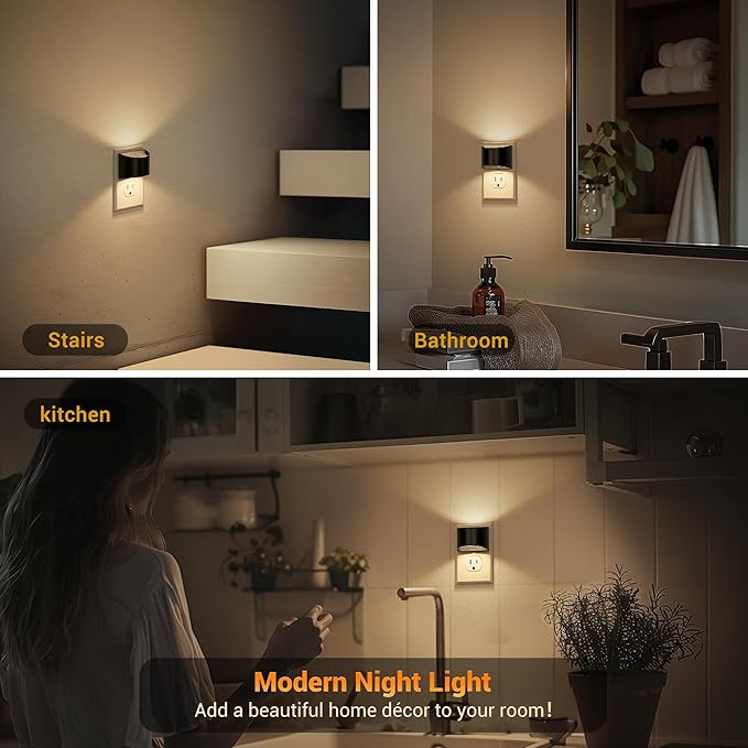 JandCase Night Light, Automatic Night Lights Plug into Wall,2 Pack Dusk to Dawn Sensor Nightlight, 3000K Soft White Brightness Adjustable Nightlight for Kids Bedroom Hallway Kitchen Decor