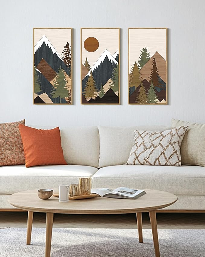 KUVIOKE Huge 16x32in Wooden Mountains Range Landscape Wall Art Framed Tree Nature Wall Decor Farmhouse Rustic Prints Kitchen Living Room Ready to Hang Natural Framed