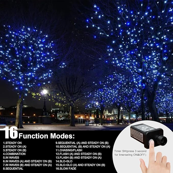 33FT 100 LED Blue White String Lights, 16 Modes Plug In Mini Fairy Lights, Waterproof Outdoor Christmas Lights for Hanukkah, July 4th Patriotic Decor, Xmas Tree Garland Bedroom Ocean Party Decoration