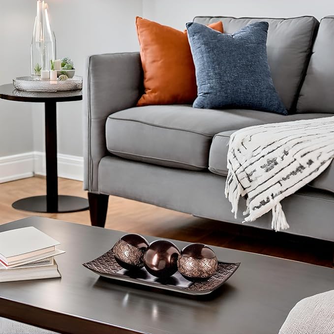 Creative Scents Dublin Brown Decorative Tray & Orb Set - 4-Piece Centerpiece for Living Room, Dining Room & Entry Table Decor