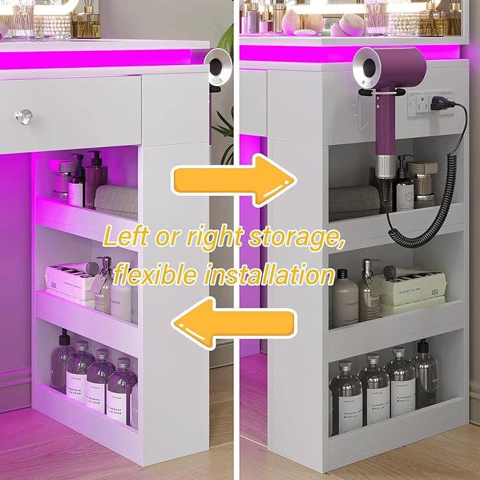 Vanity Desk with Mirror and Lights,Transparent Top Vanitys with 2 RGB Drawers, A Variety of Lighting Modes Brightness Adjustable,Power Outlet, Side-Mounted Large-Capacity Storage, White