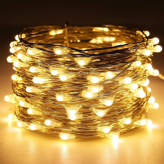 RUICHEN Silver Wire Fairy Lights Plug in 33 Ft 100 LED String with Spool, Warm White