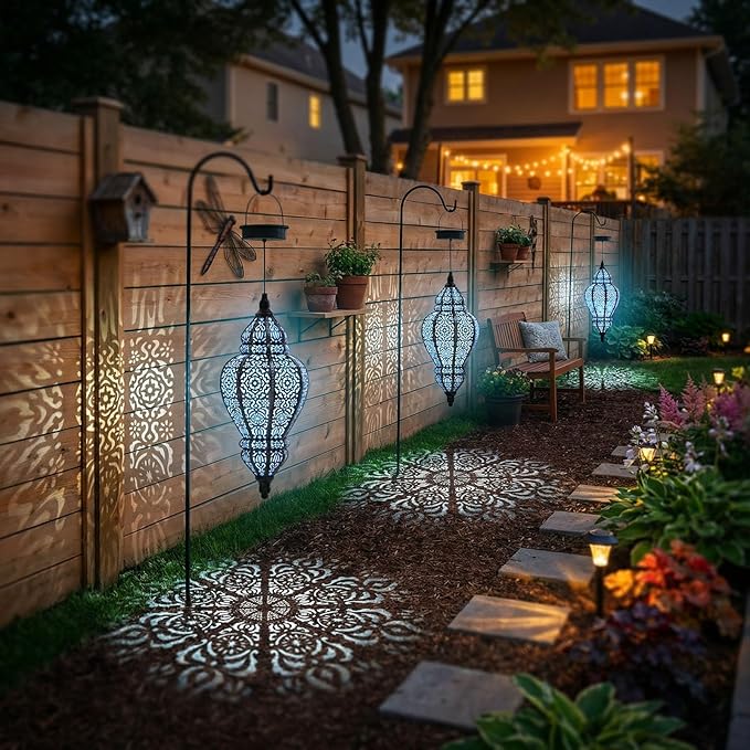 Hanging Solar Lights Outdoor Garden Decor Solar Lantern Waterproof Plastic Moroccan Outdoor Decorations for Patio Pathway Yard Backyard Garden Decorative (Black, 2)