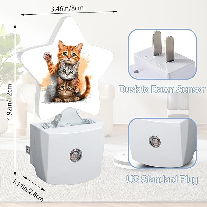 Cat Cute Animal Night Lights Plug Into Wall,Funny Abstract Star Night Light for Kids,Nightlight with Dusk to Dawn Smart Sensor for Bedroom Bathroom Decor,Children Women Men Gift