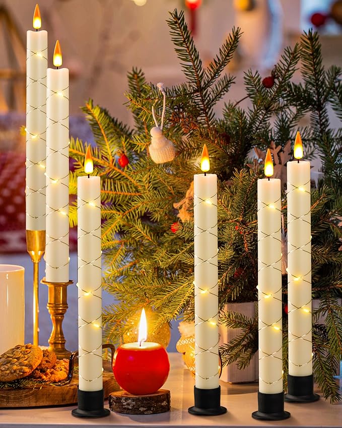 Da by 6 Flameless Window Candles with Remote Control & Timer, Surround String Lights, Battery Powered, 9.6" Christmas Candles, Free 6 Black Bases for Home Décor (Pack of 2)